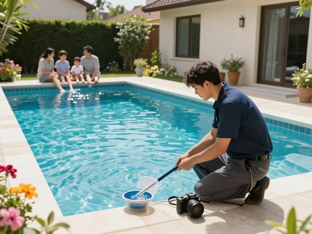 Dolphin Pool Services technician inspecting a sparkling residential pool, showcasing professional care and quality service.