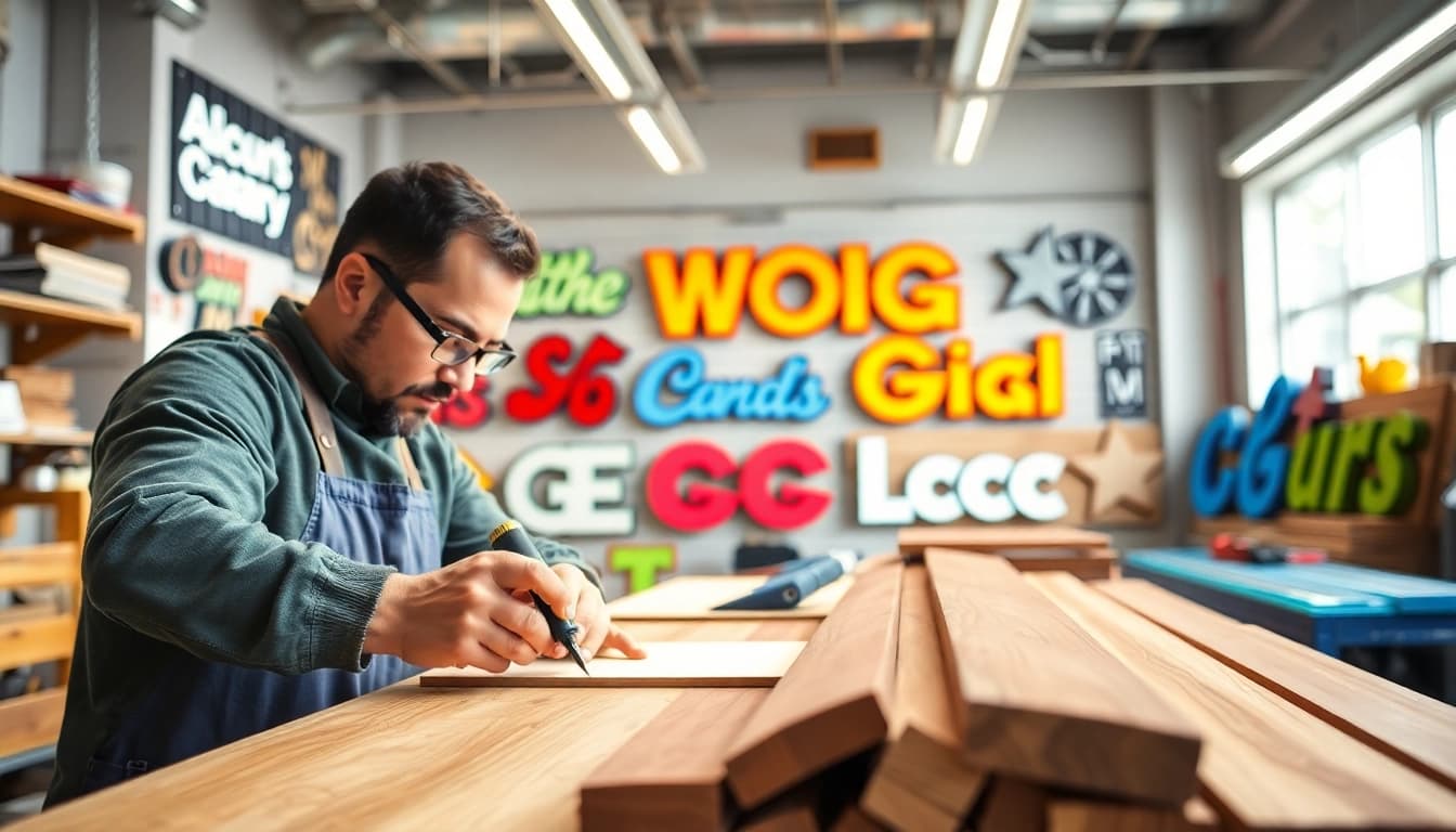 Crafting custom signage in Calgary sign company workshop with vibrant materials.
