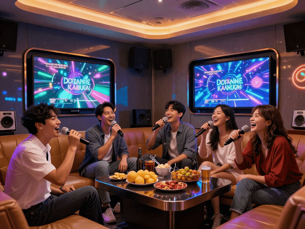 도파민 가라오케에서 친구들이 즐겁게 노래하며 분위기 있는 룸에서 음료와 안주를 즐기는 모습