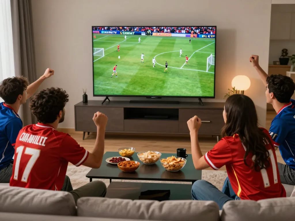 Football fans watching a match on CakhiaTV in a vibrant living room during an exciting game.