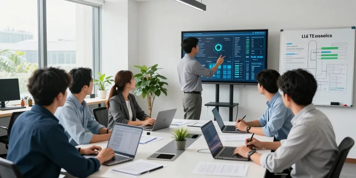 Proactive London business IT support team collaborating on cybersecurity solutions and monitoring dashboards.