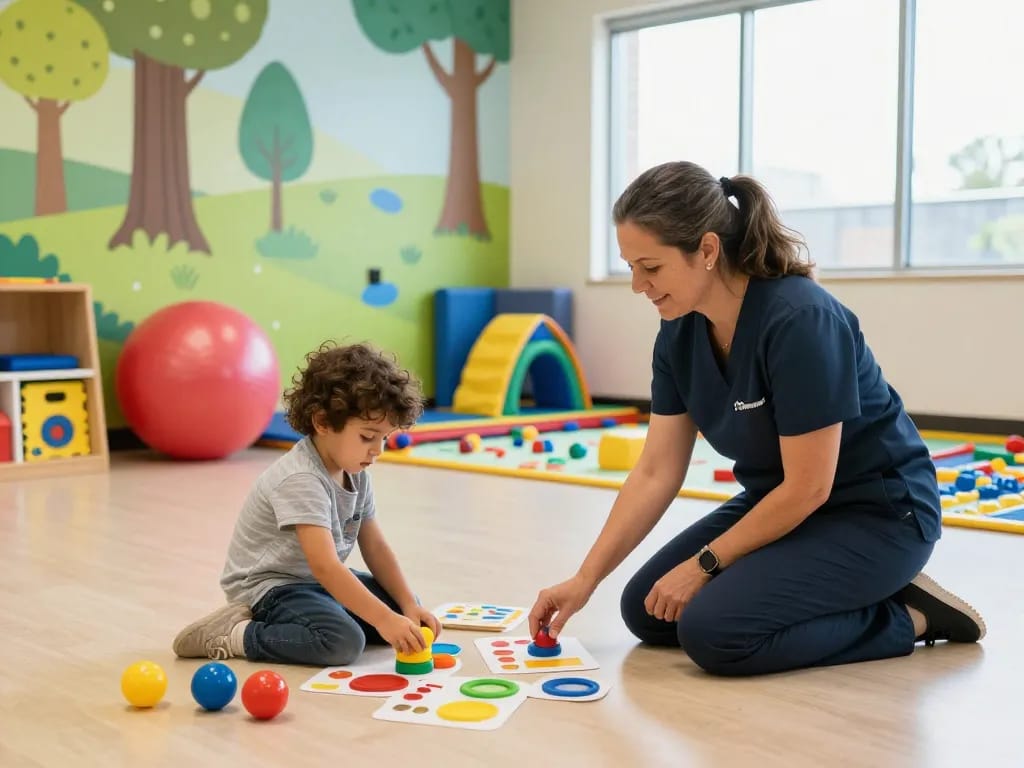 Engaging therapy session at Advantage Therapy Norwes, showcasing children’s therapists working with kids in a colorful, nurturing environment.