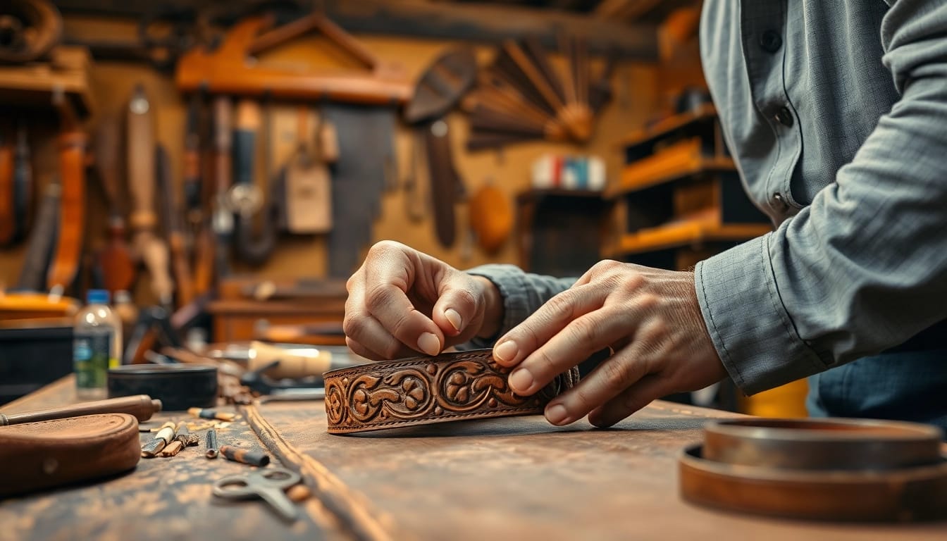Creating an intricate tooled leather belt showcasing fine craftsmanship.