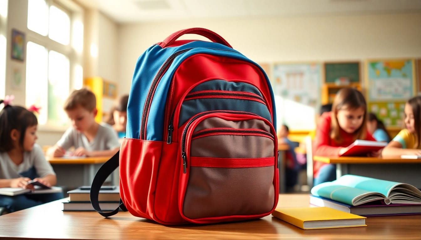 Handtasche für Schulen in einem bunten Klassenzimmer, um Schulmaterialien zu organisieren.