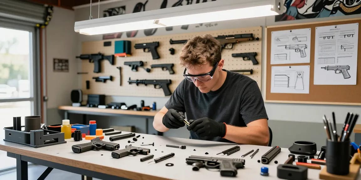 Assembling Glock slides at https://precisionglockslides.com with precision tools and parts in an enthusiastic workshop.