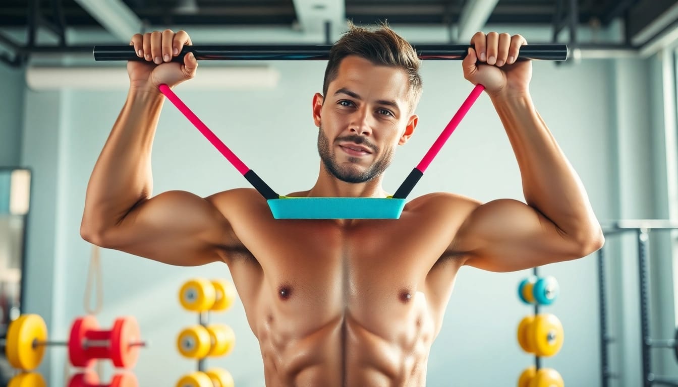 Dynamic workout using a pull-up assist band in a bright gym, showcasing strength and determination.