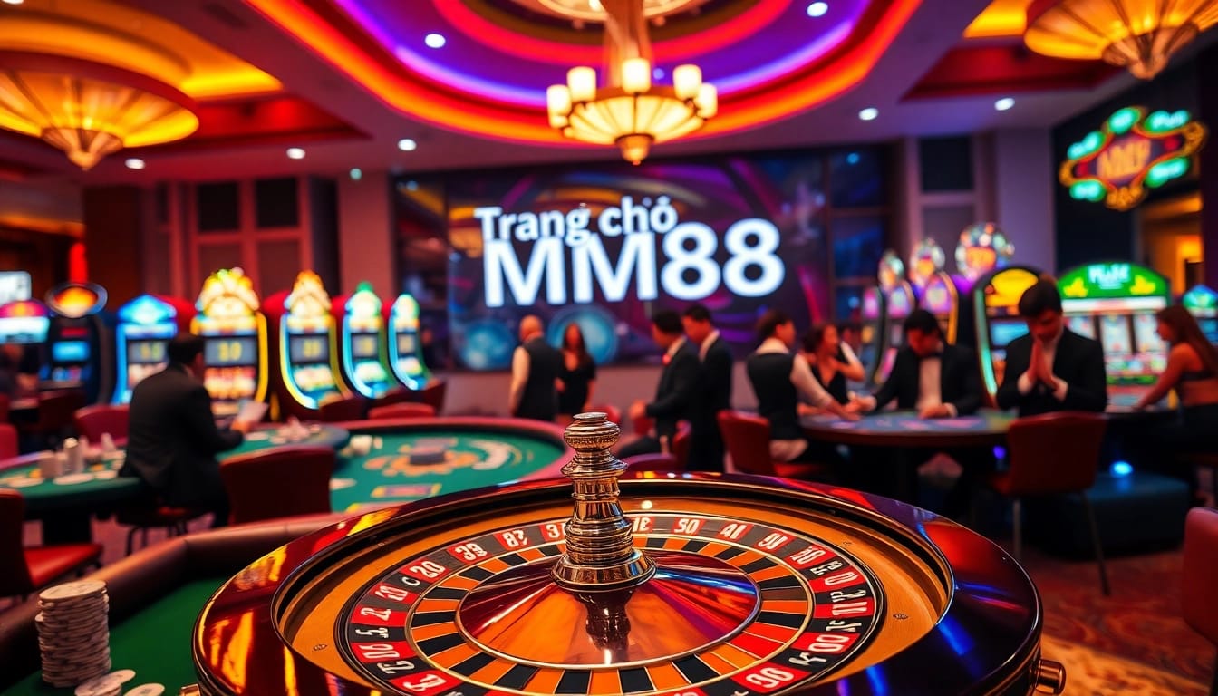 Explore a lively casino scene with players at the Trang chủ MM88 roulette wheel, showcasing excitement and glamour in gambling.