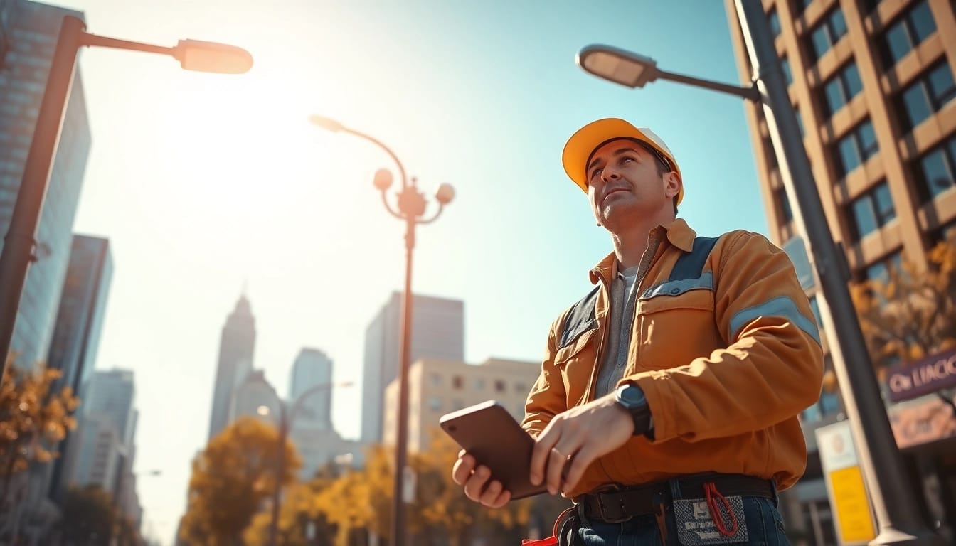 Technician performing lighting maintenance on streetlights, ensuring safe urban illumination.