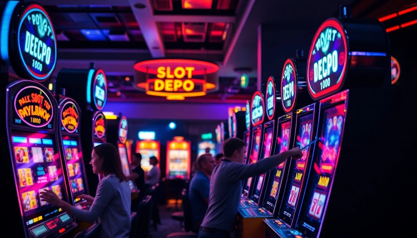 Menang di slot depo 1000, pemain merayakan jackpot di kasino dengan mesin slot yang bersinar.