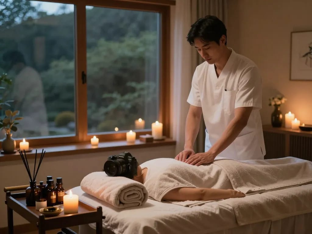 조명과 에센셜 오일이 어우러진 편안한 포항스웨디시 마사지 치료실.