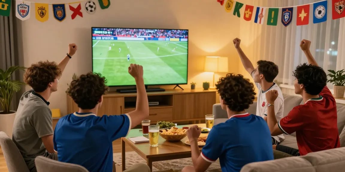 Pengalaman live streaming bola dengan teman sambil menyaksikan pertandingan sepak bola di ruang tamu yang hangat.