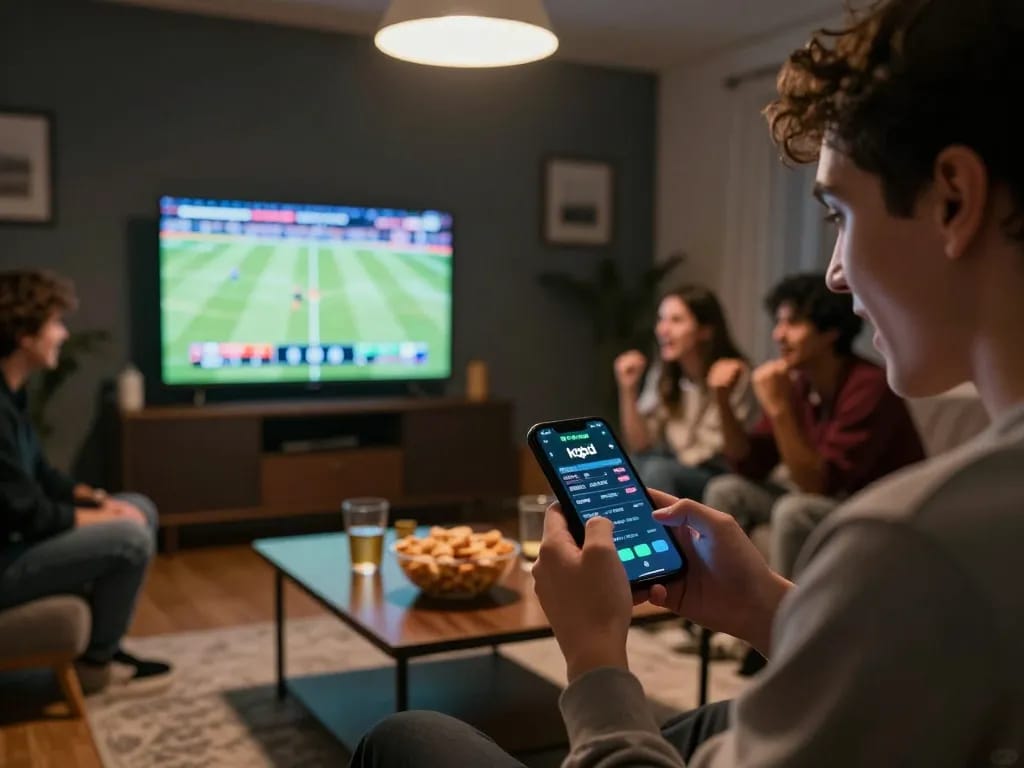 KQBD updates being viewed on smartphone during a lively sports betting gathering
