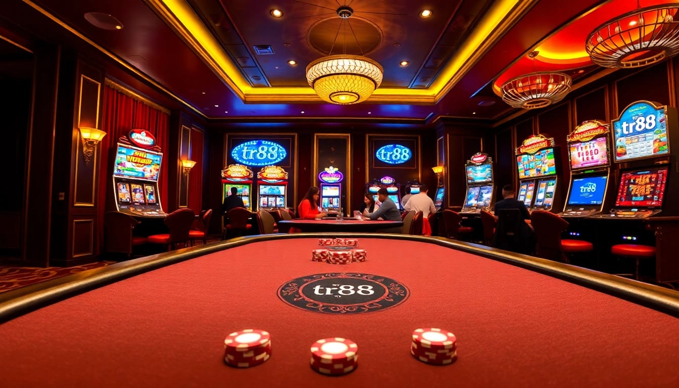 Engage in thrilling gambling experiences at tr88 casino, featuring upscale gaming tables and vibrant slot machines.