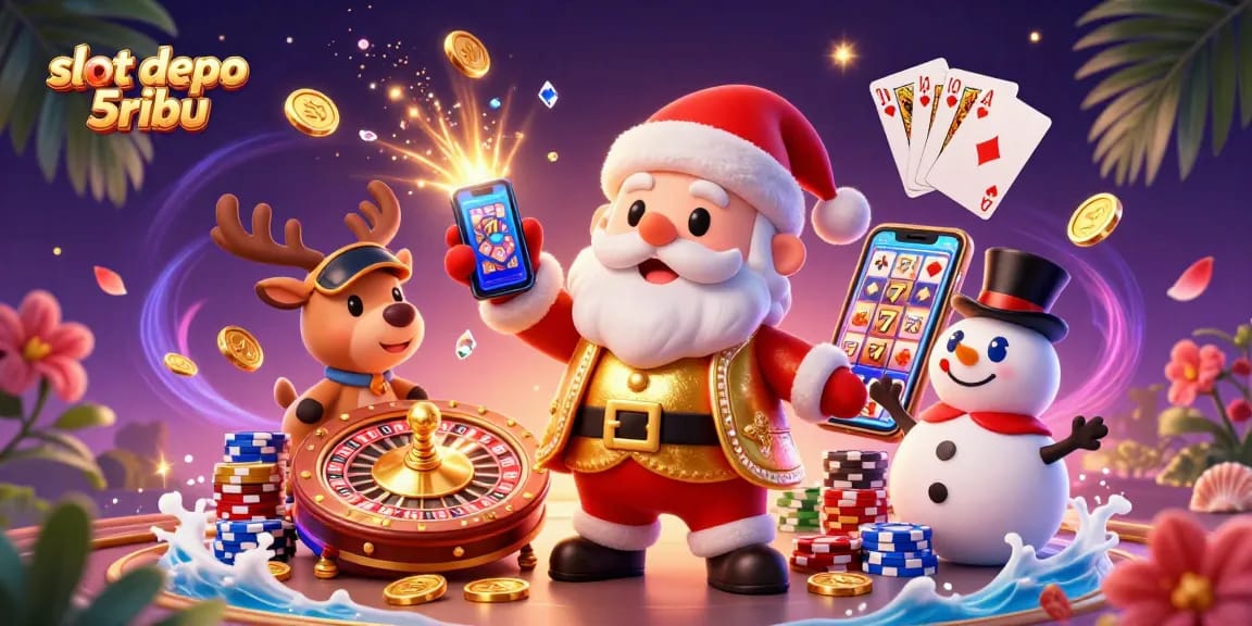 Win big with slot depo 5ribu in a vibrant 3D casino illustration featuring playful characters.