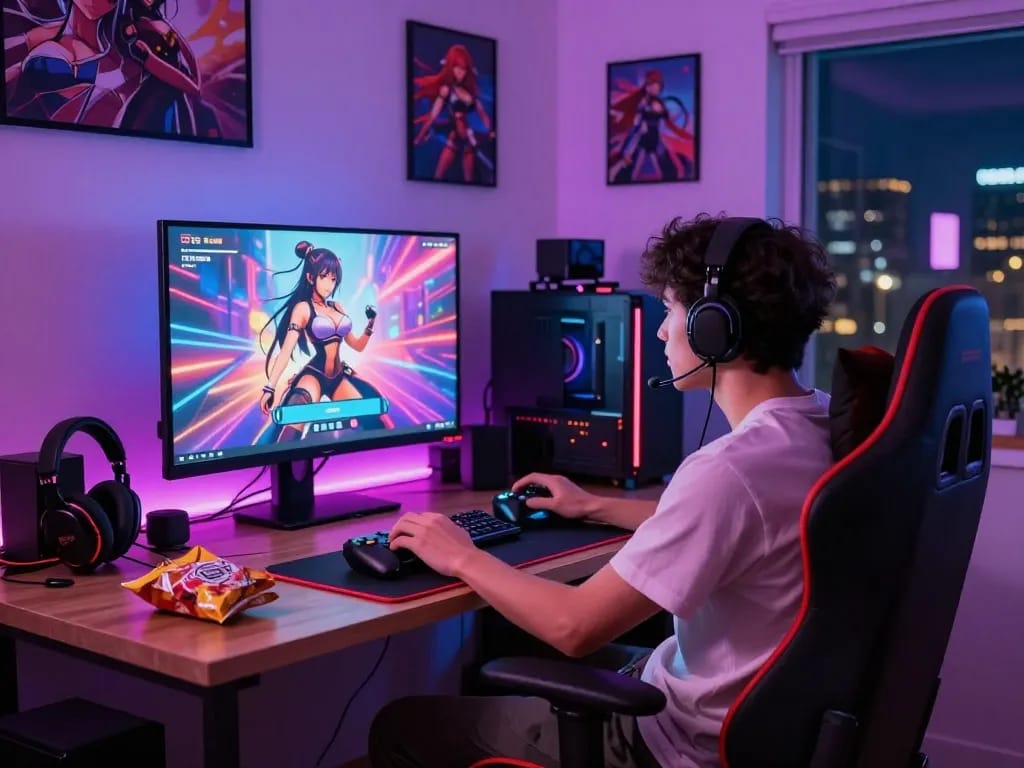 Immersive gaming scene with a player engaged in a sex simulator, vibrant LED lights, and cozy atmosphere.