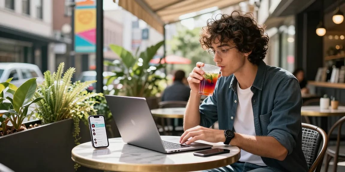 Engaging scene of influencer at café creating content to buy cheap TikTok views.