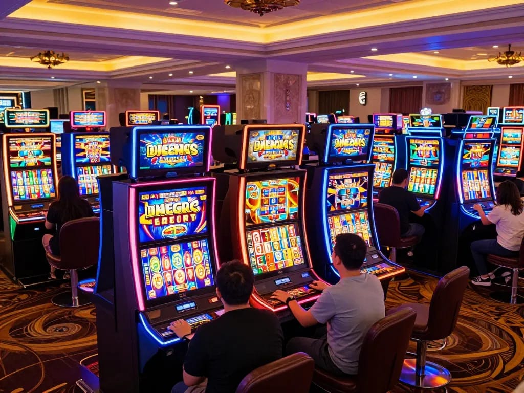 Engaged players enjoying various slot gacor machines in a lively casino atmosphere.