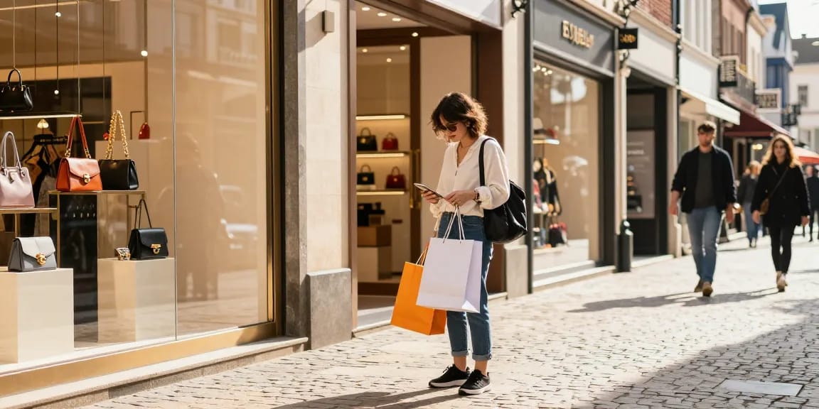 Fashionable shopper exploring high-quality items at a 레플리카 쇼핑몰 in an urban setting.