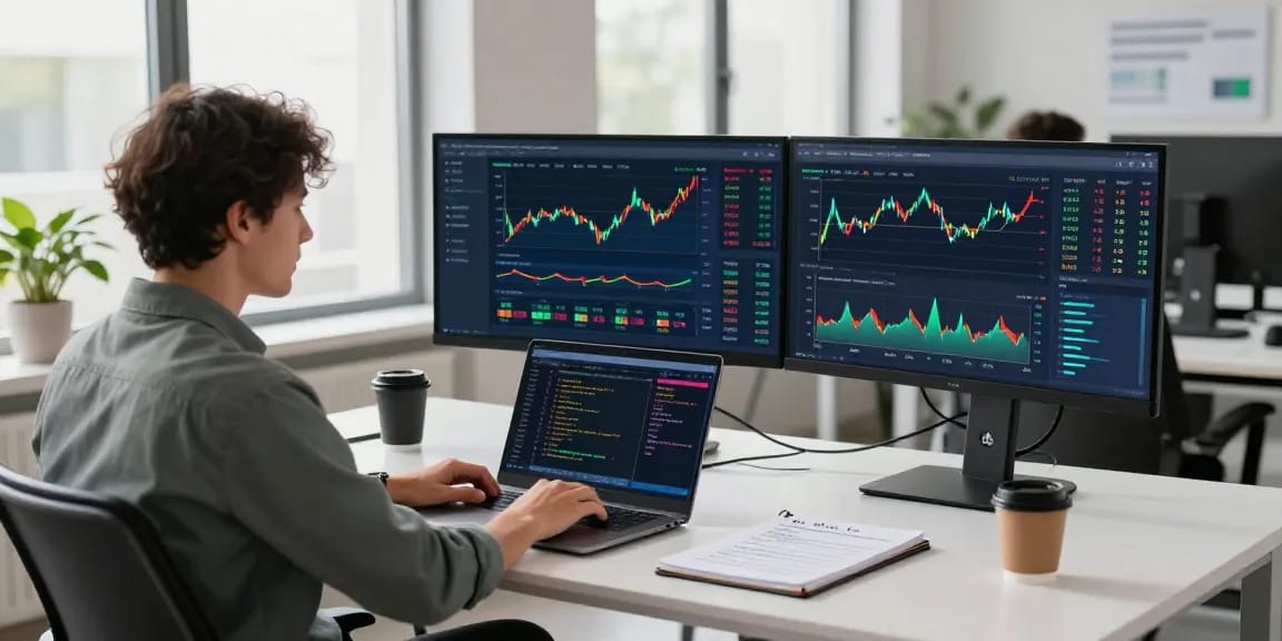 Real-time Forex API dashboard showing precious metal depth data API with lively currency trends in a modern tech workspace.