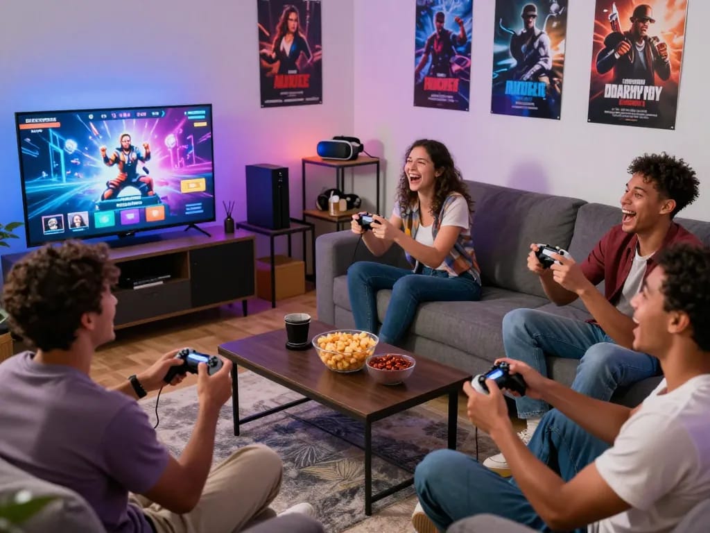 Group playing a porn game online together in a vibrant living room with laughter and excitement.