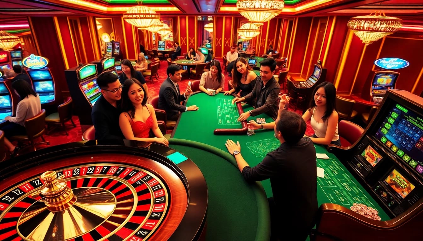 Kết quả xổ số hôm nay revealed at a lively casino with players cheering and gaming excitement.
