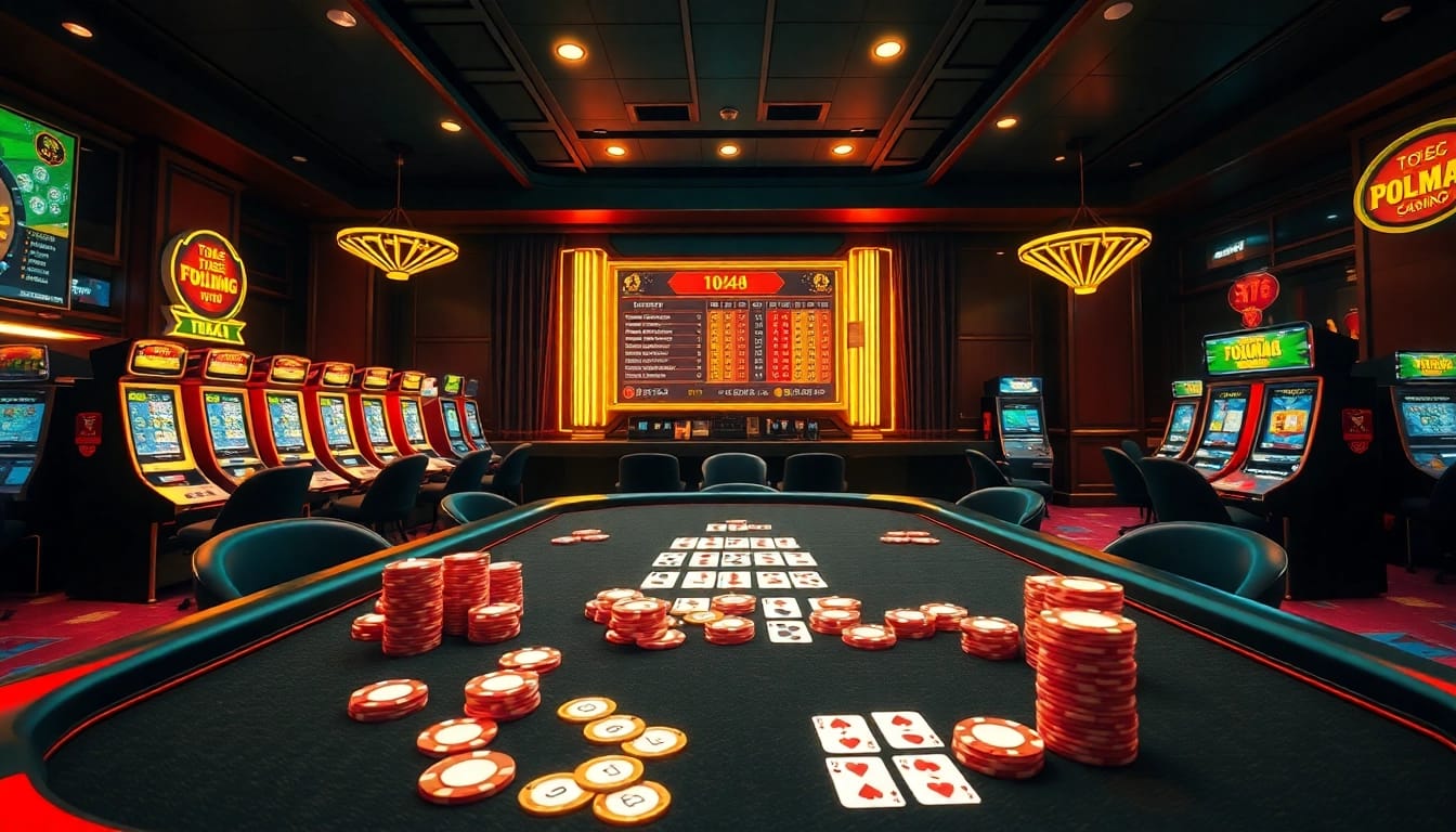Mengajak pemain bermain game togel sumo di lingkungan kasino mewah dengan warna-warna cerah yang hidup.