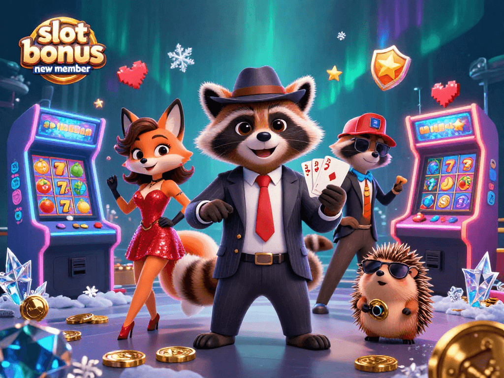 Play exciting slot bonus new member games with raccoon, fox, and hedgehog in 3D illustration.