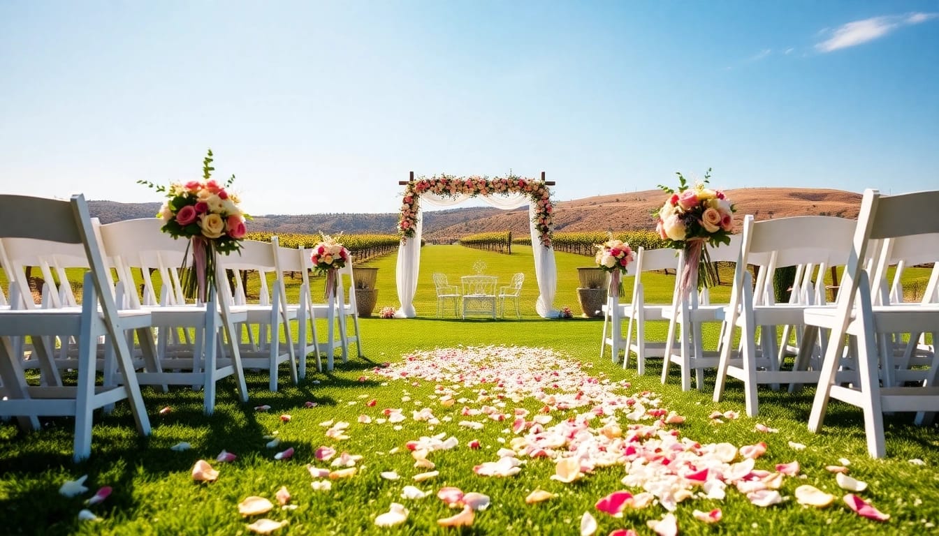Elegant setup of Clarksburg wedding venues featuring floral decorations and rolling hills.