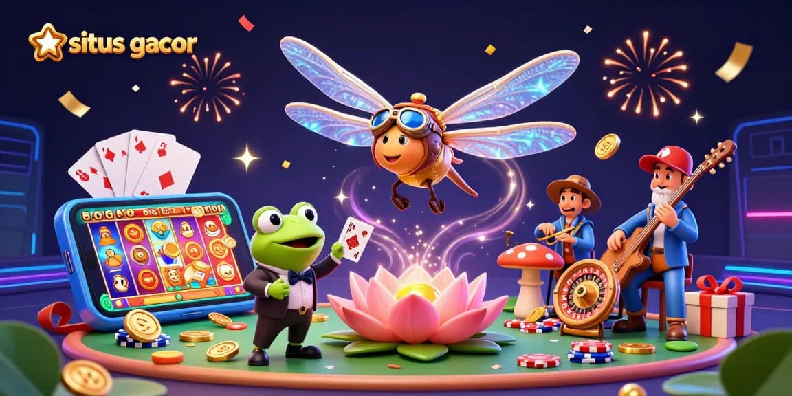 Situs gacor showcases a vibrant casino scene with a dragonfly pilot, frog dealer, and jazz-playing crickets, enhancing gambling excitement.