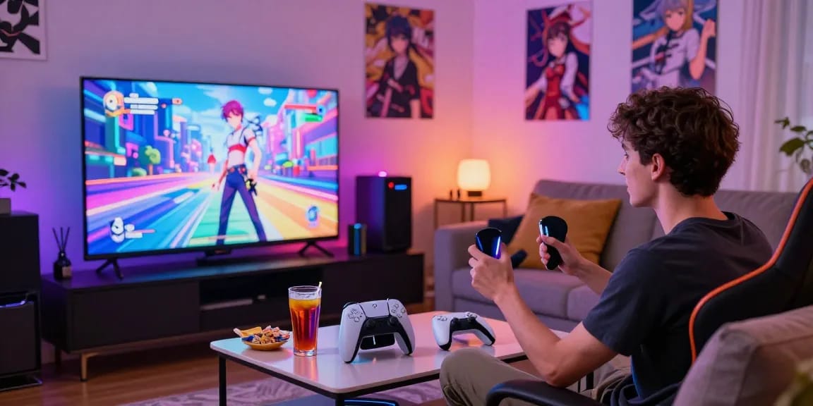 Engaged gamer playing a hentai game on a big screen in a colorful, inviting room.