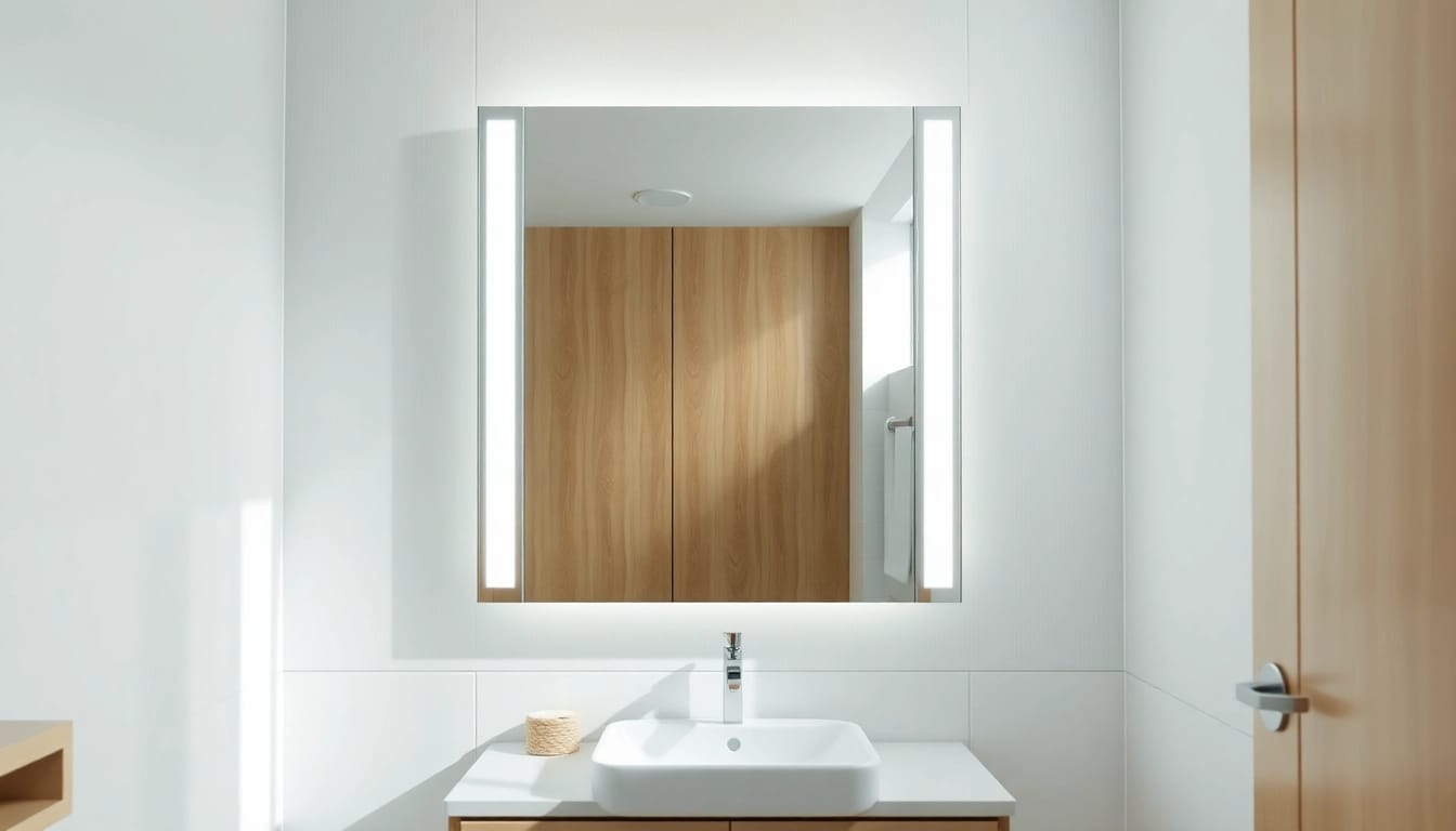 Moderner spiegelschrank led mit Beleuchtung im eleganten Badezimmer.