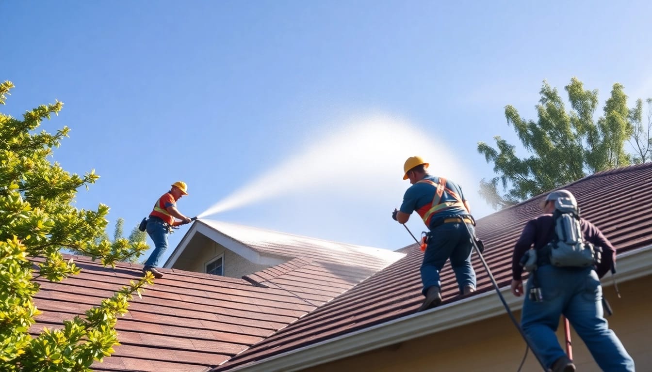 Roof cleaning process using soft wash techniques to remove mold and algae from a residential property in Kissimmee, FL.