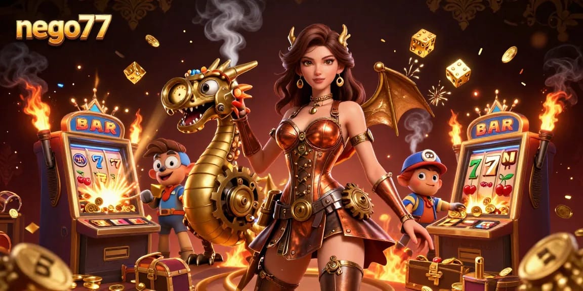 Play and win with nego77 in a vibrant 3D casino scene showcasing exciting slot machines and characters.