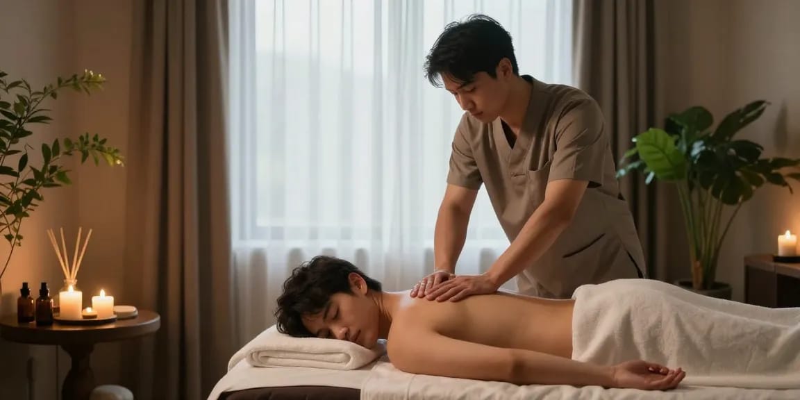 광주마사지 스웨디시 마사지 중인 남성 테라피스트와 고객의 편안한 스파 풍경