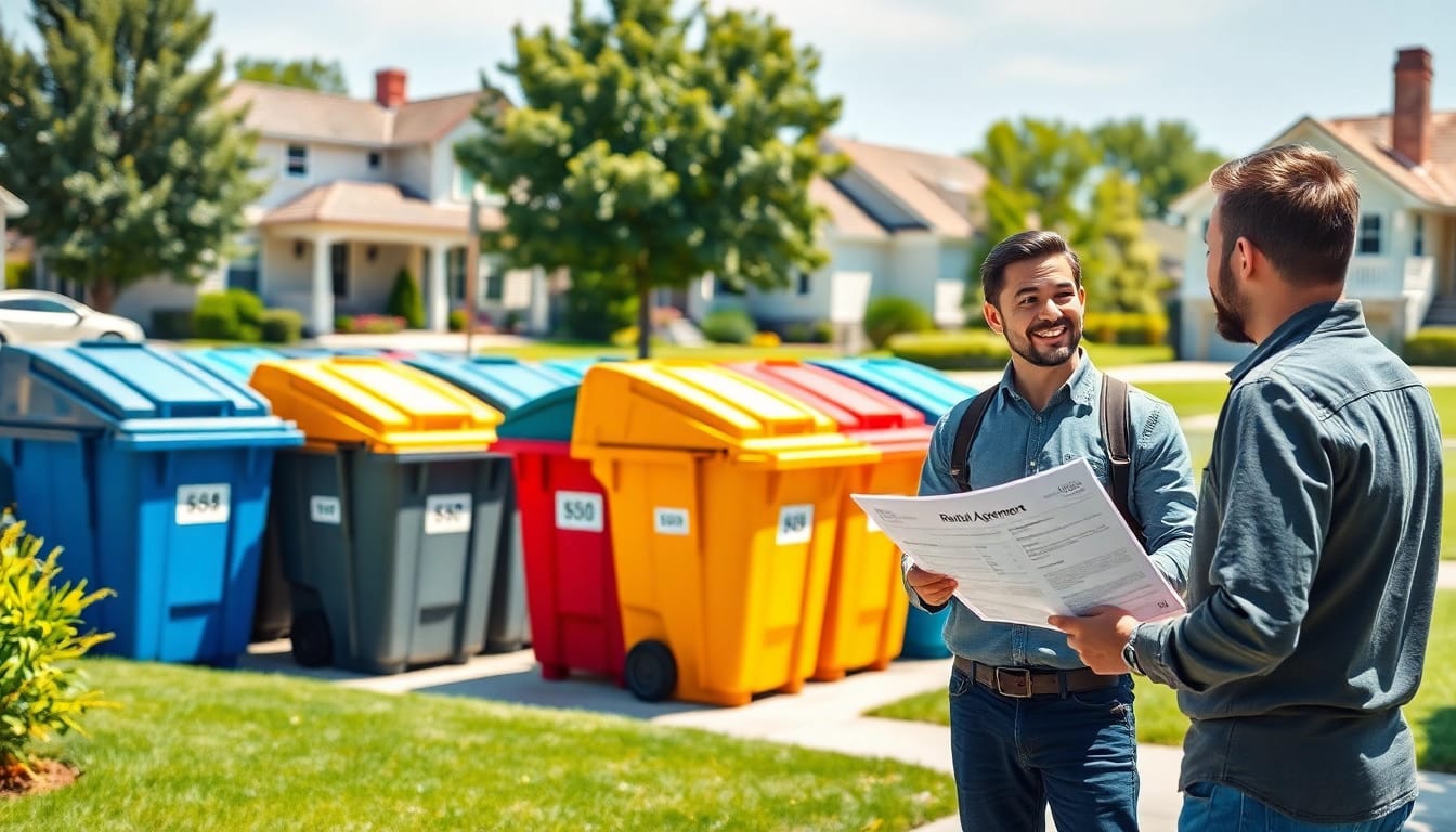 Customer inspecting garbage rental bins in a sunny neighborhood with a friendly service representative.