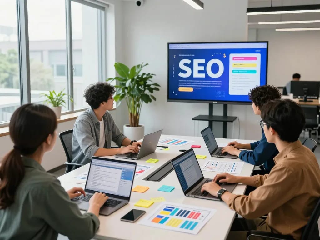 Team brainstorming SEO strategies in a vibrant office, representing the Best SEO Company NYC.