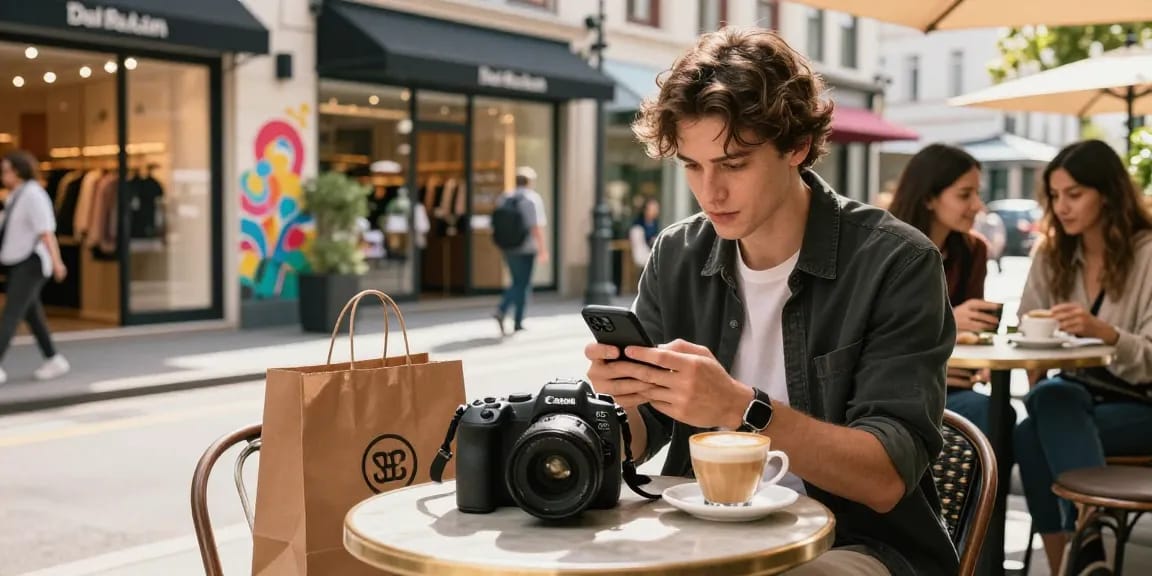 Stylish young man exploring a replica handbag on his smartphone at an urban café.