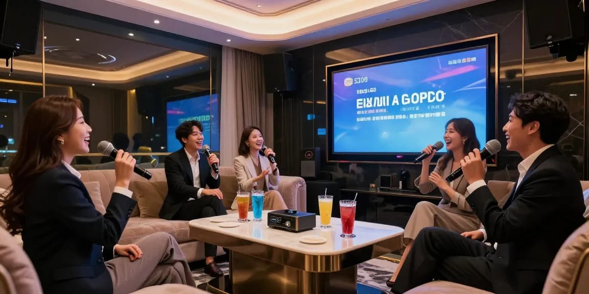강남가라오케 프라이빗 룸에서 즐거운 시간을 보내는 모습, 세련된 조명과 분위기