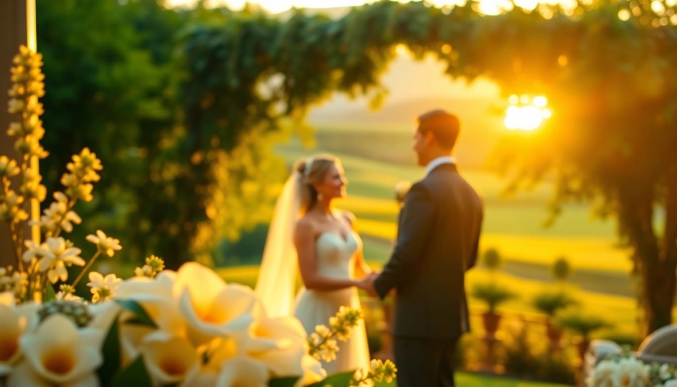 Wedding photographer capturing a romantic outdoor ceremony with beautiful floral details.