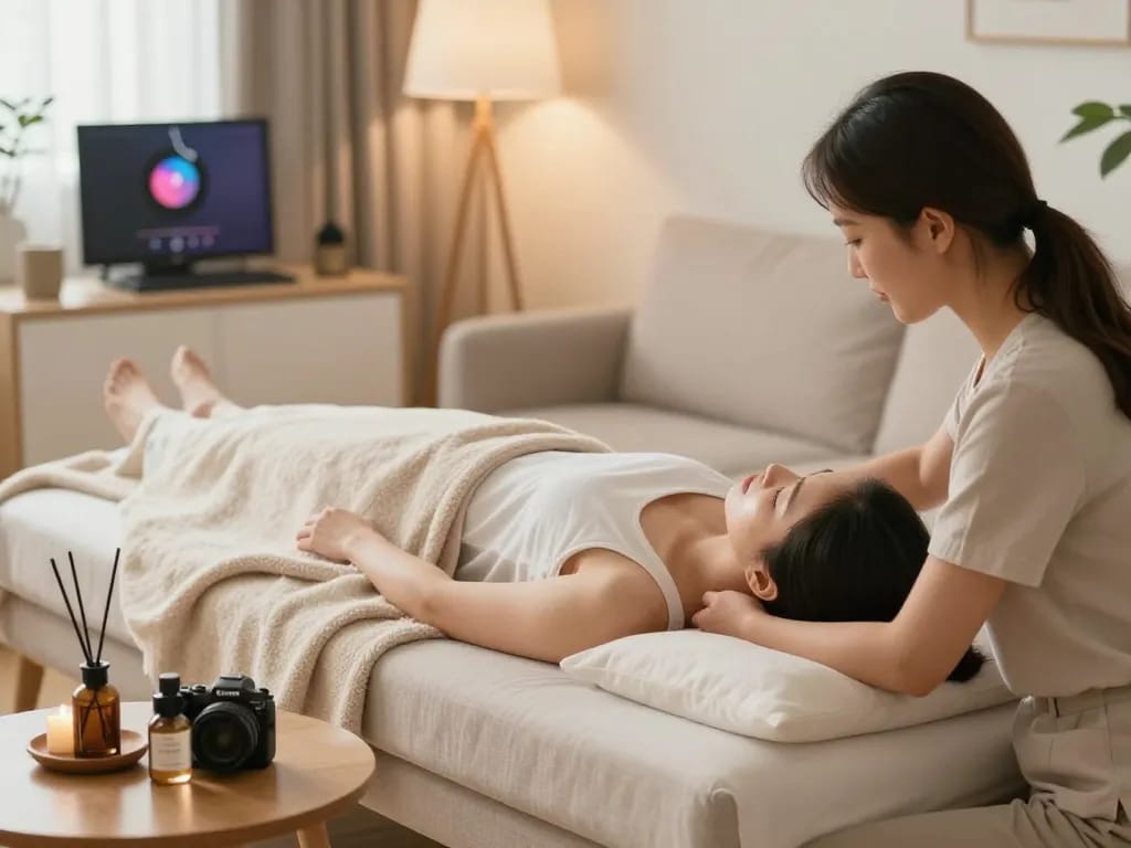 Relaxing 부천 출장마사지 experience in a cozy home setting with soothing ambiance.