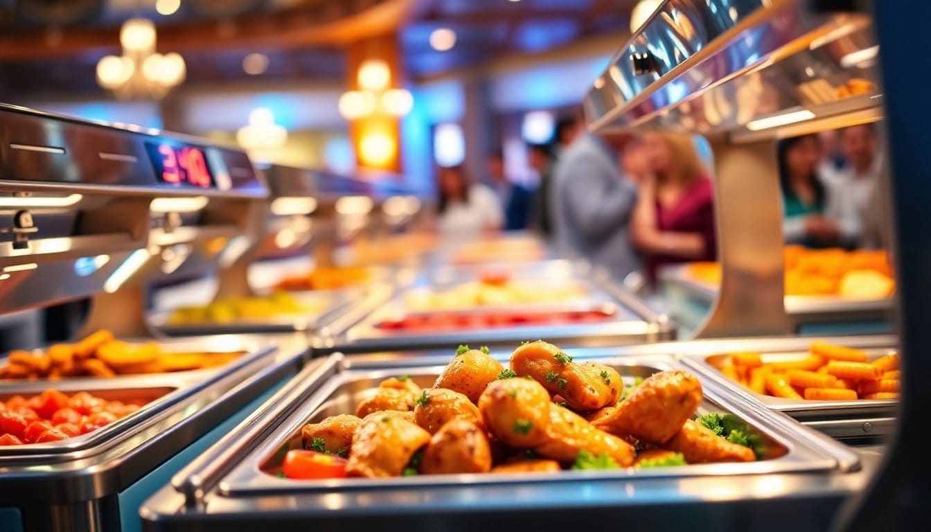Showcasing a food warmer keeping dishes warm at a festive buffet.