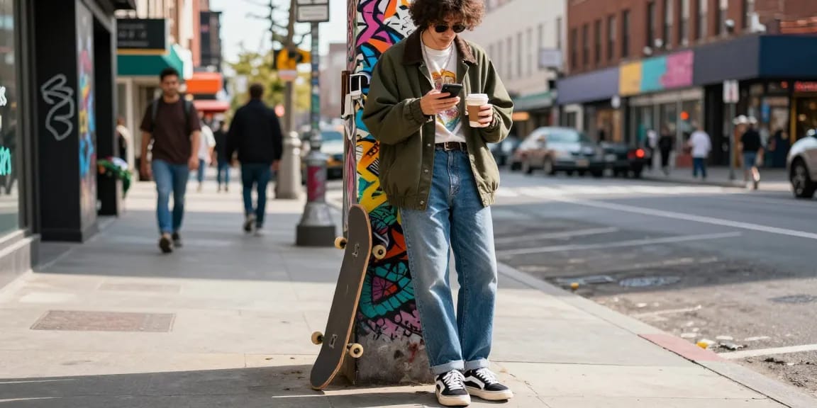 Trendy individual in urban fashion browsing smartphone on city street with storefronts and graffiti art, showcasing lifestyle elements.