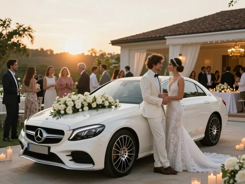 Thuê một chiếc xe Mercedes cưới cho một buổi lễ trang nhã với trang trí hoa và phông nền đẹp mắt.