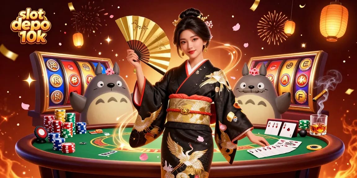 Engage with slot depo 10k gameplay amidst vibrant reels and poker elements in this lively digital scene.