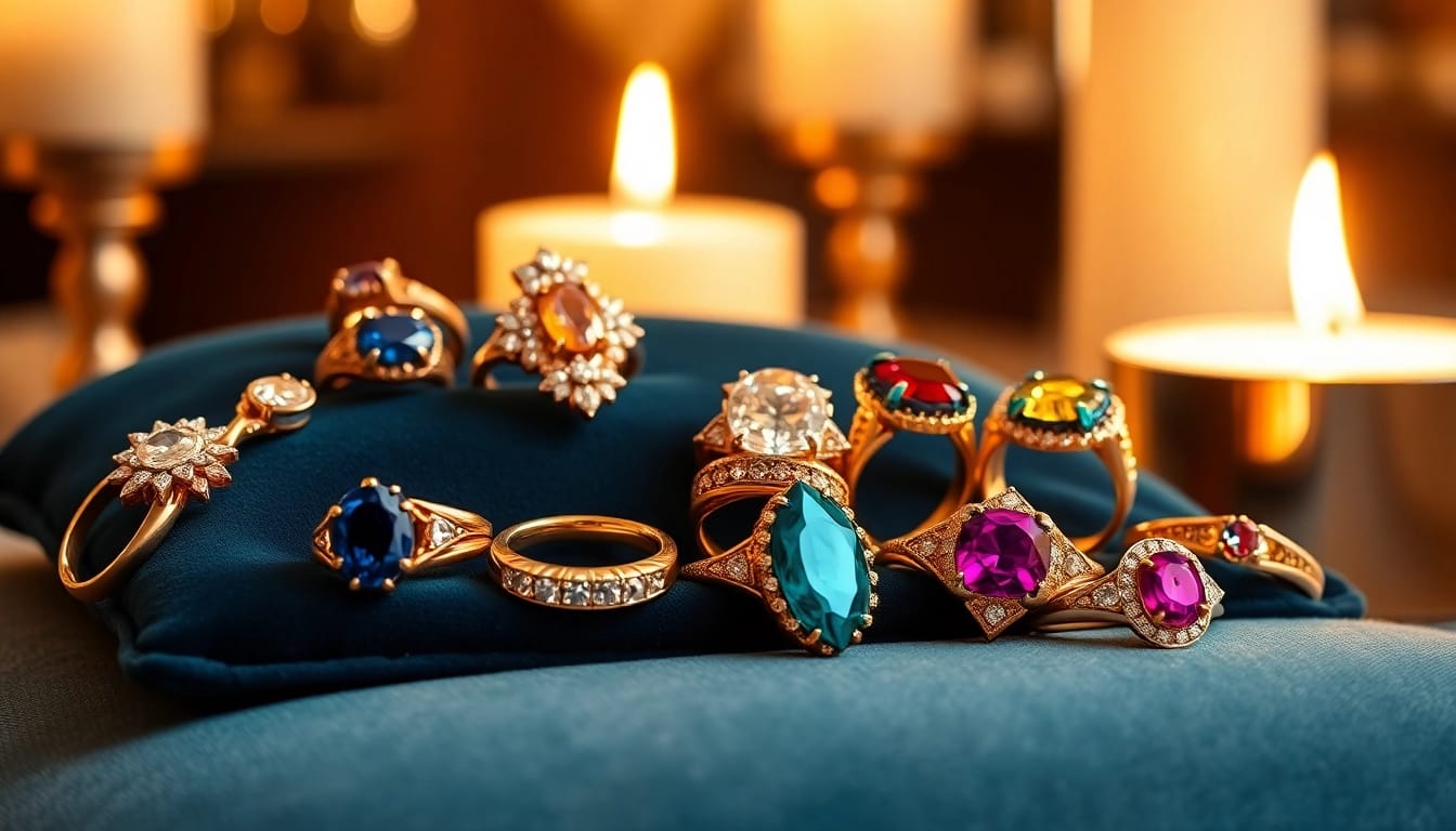 Showcase of luxury rings featuring intricate designs and sparkling gemstones.