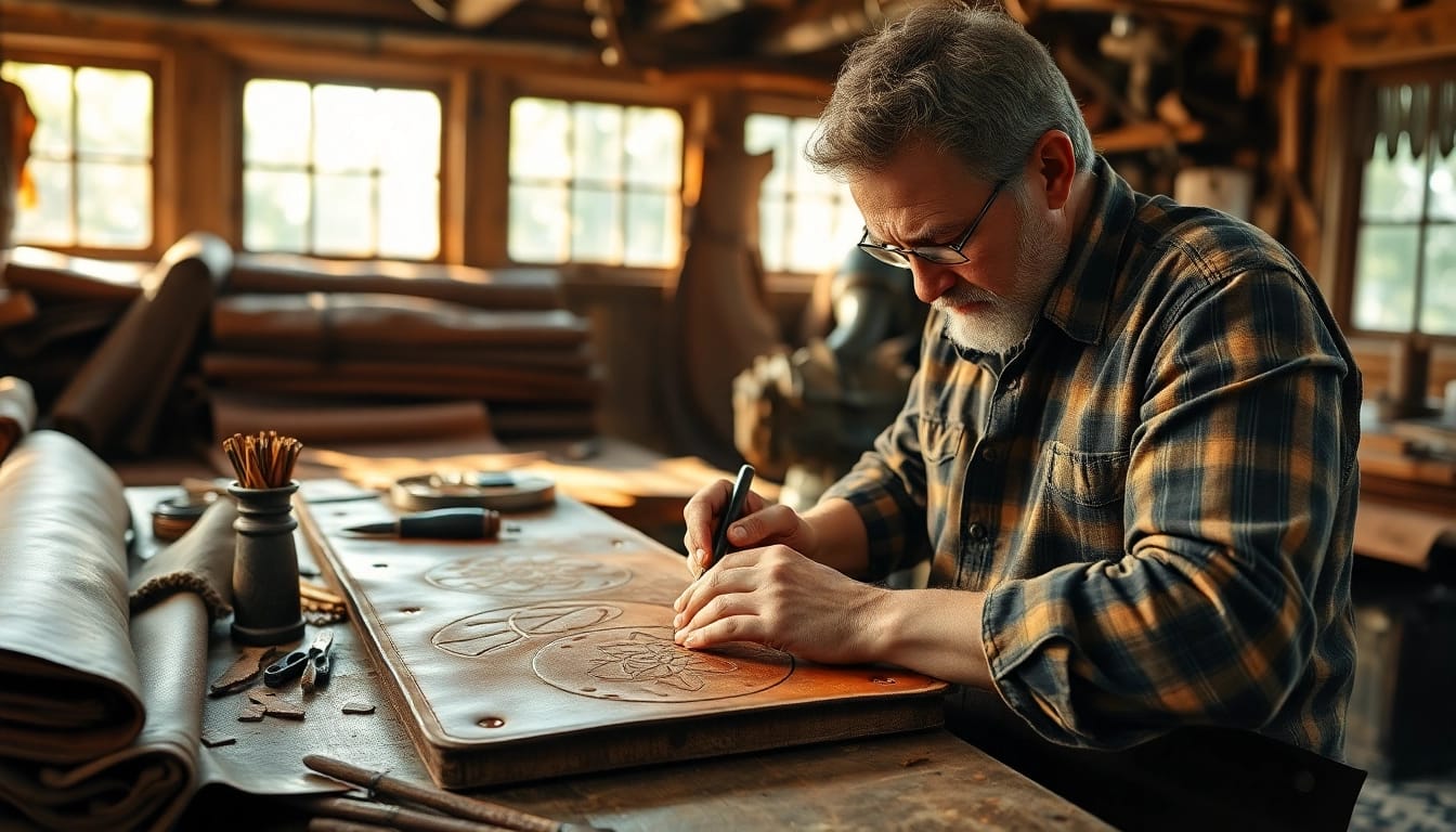 Craft intricate Tooled Leather pieces with expert craftsmanship in this detailed artisan workshop.