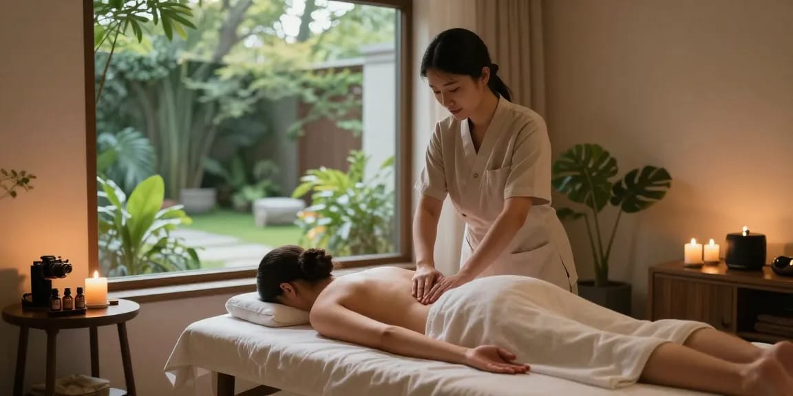 스웨디시 마사지 받는 모습과 아늑한 스파 환경을 담은 이미지입니다.