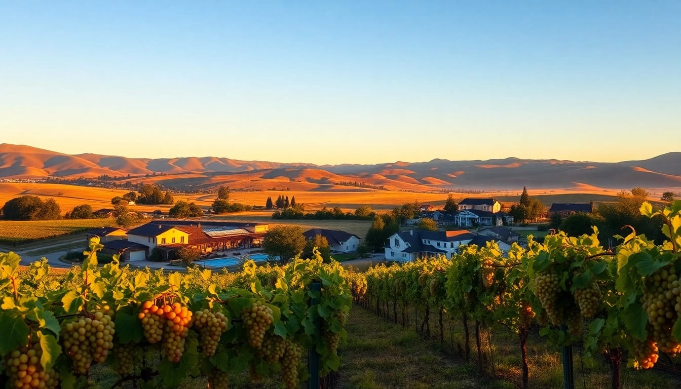Vibrant landscape of Clarksburg California with vineyards, showcasing warm golden sunset light.