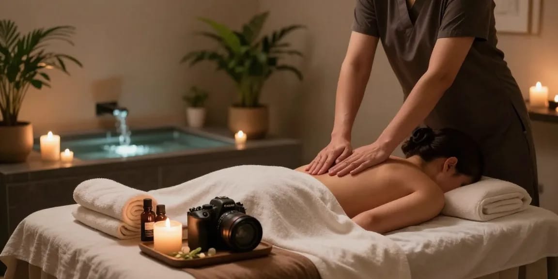 Serene 1인샵 spa scene featuring a soothing Swedish massage environment with calming elements and natural lighting.