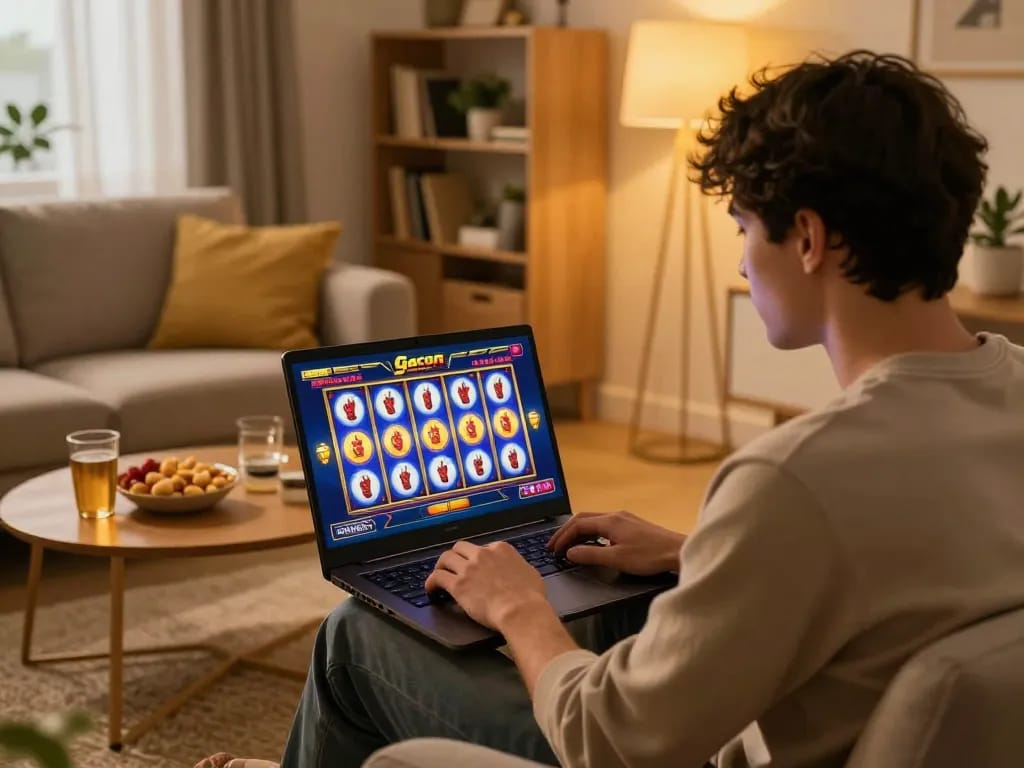 Engaging session on a slot gacor game, player focused on vibrant screen in cozy living room.